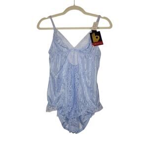 NWT Vintage Union Label Sasson Bodysuit Teddy Baby Blue Lace 70s 80s Sz 36